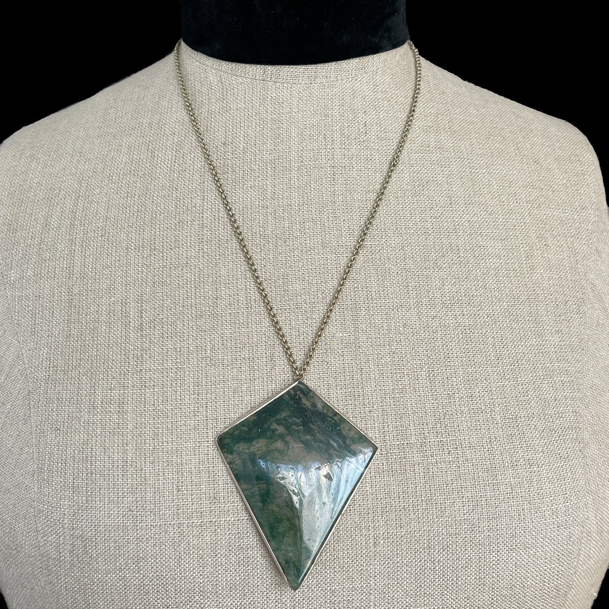 Antique Silver Huge Moss Agate Pendant Diamond Shape Necklace Art Deco Kite 25g