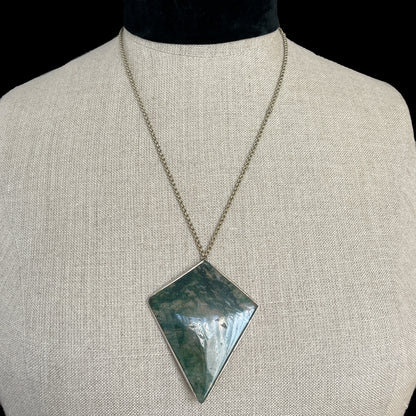 Antique Silver Huge Moss Agate Pendant Diamond Shape Necklace Art Deco Kite 25g