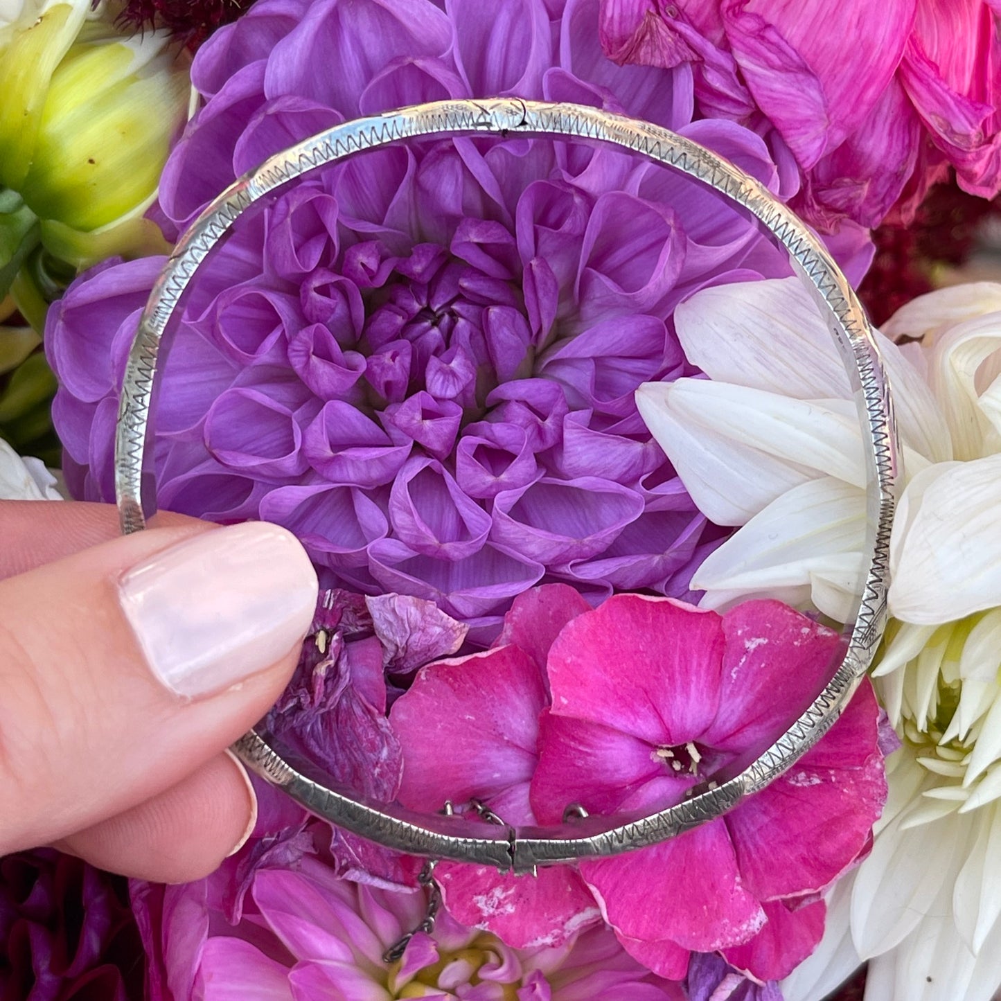 Vintage Sterling Silver Slim Etched Bamboo Bangle Bracelet