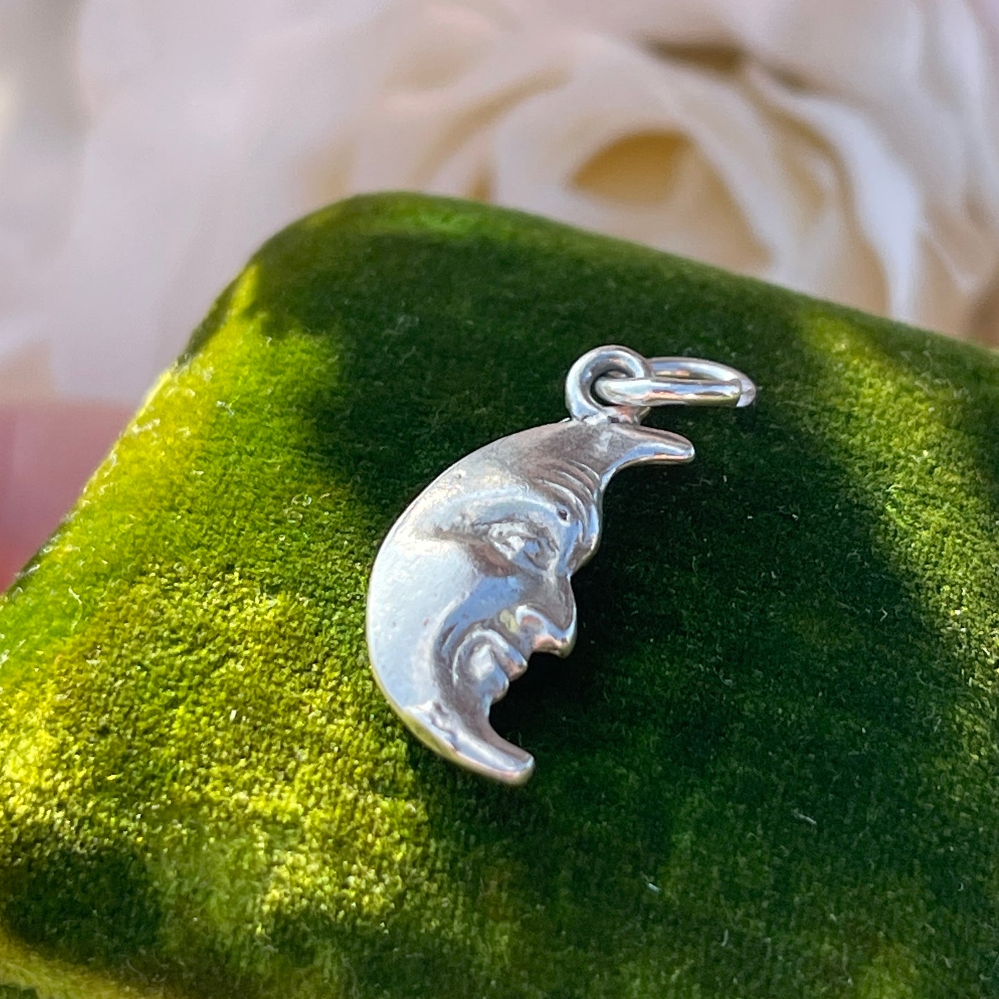 Sterling Silver Vintage Crescent Moon Face Charm Double Sided