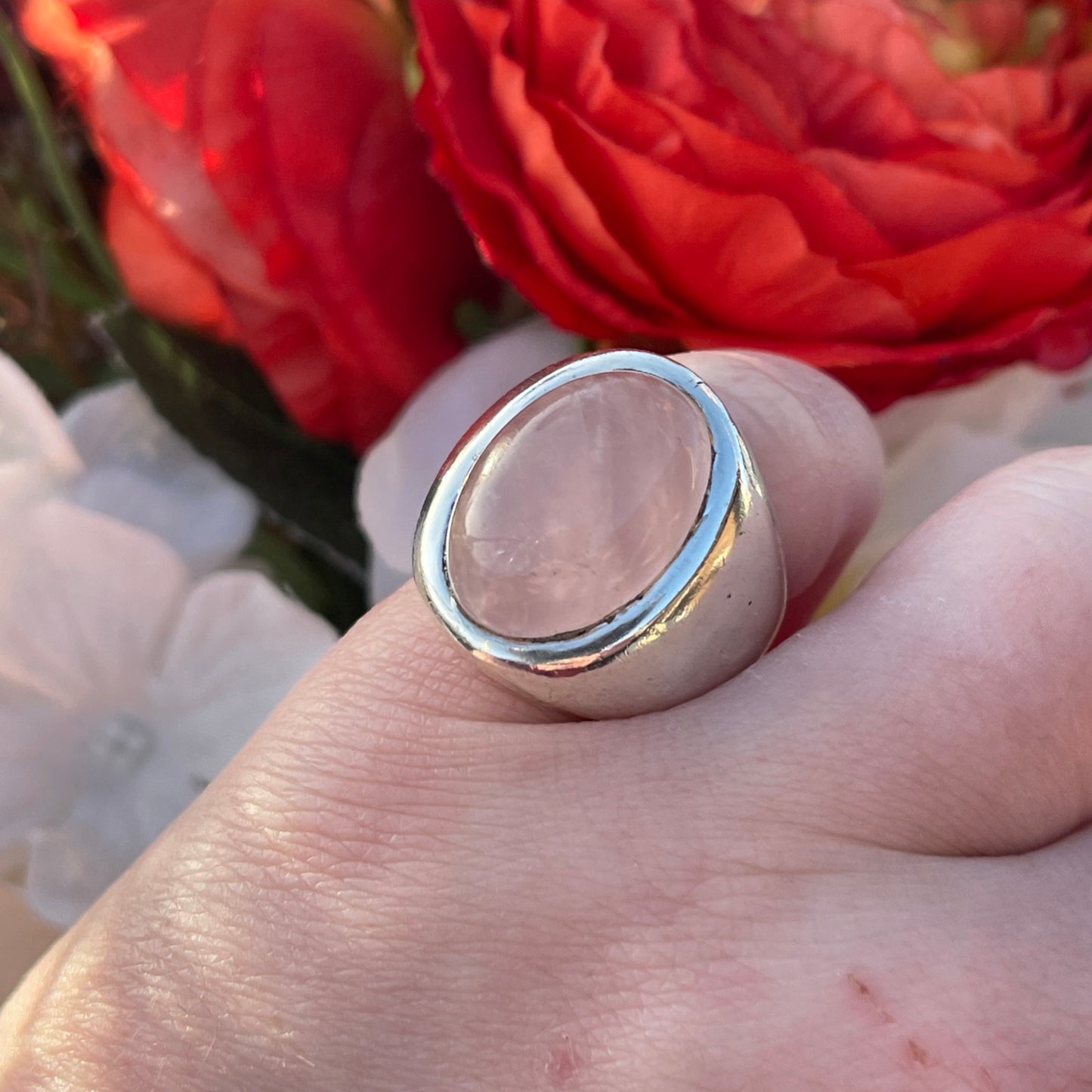 Sterling Silver Rose Quartz Cabochon Ring Statement Chunky Heavy M