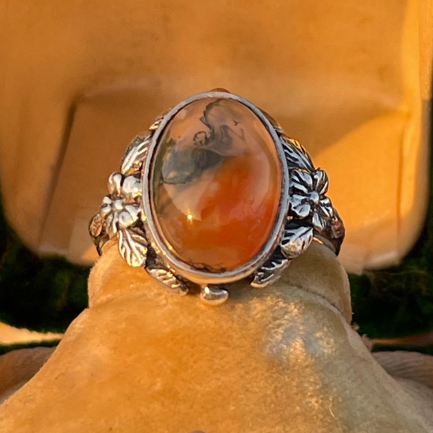 Vintage Sterling Silver Fish Moss Agate Ring Bernard Instone Arts Crafts 1910 L