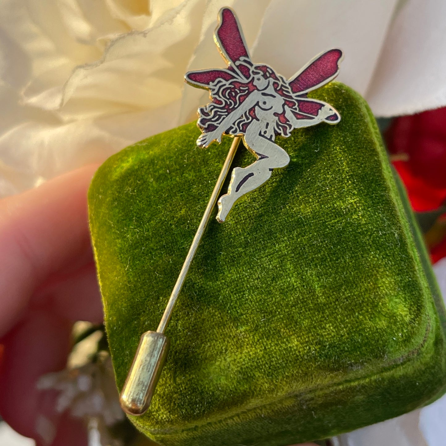 Vintage Gold Plated Cloisonné Fairy Enamel Brooch Whimsical Stick Pin Badge