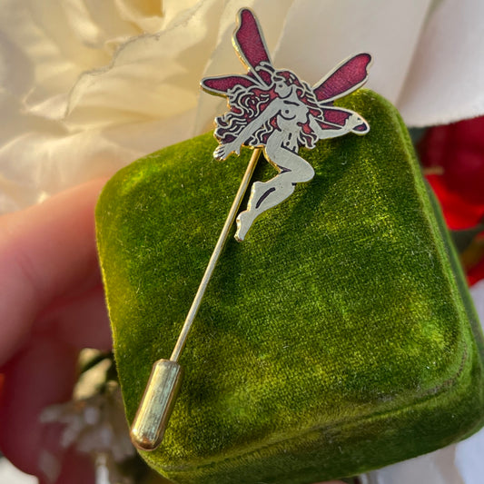 Vintage Gold Plated Cloisonné Fairy Enamel Brooch Whimsical Stick Pin Badge