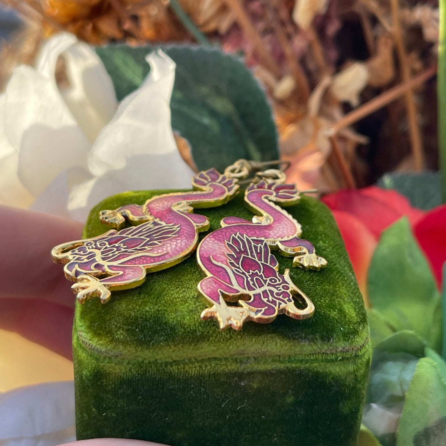 Vintage Cloisonné Mystical Red Pink Dragon Dropper Earrings