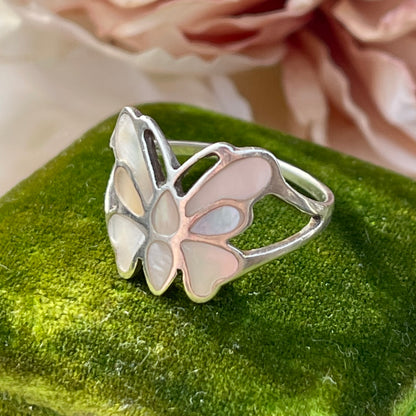 Sterling Silver Mother Of Pearl Inlay Butterfly Ring O