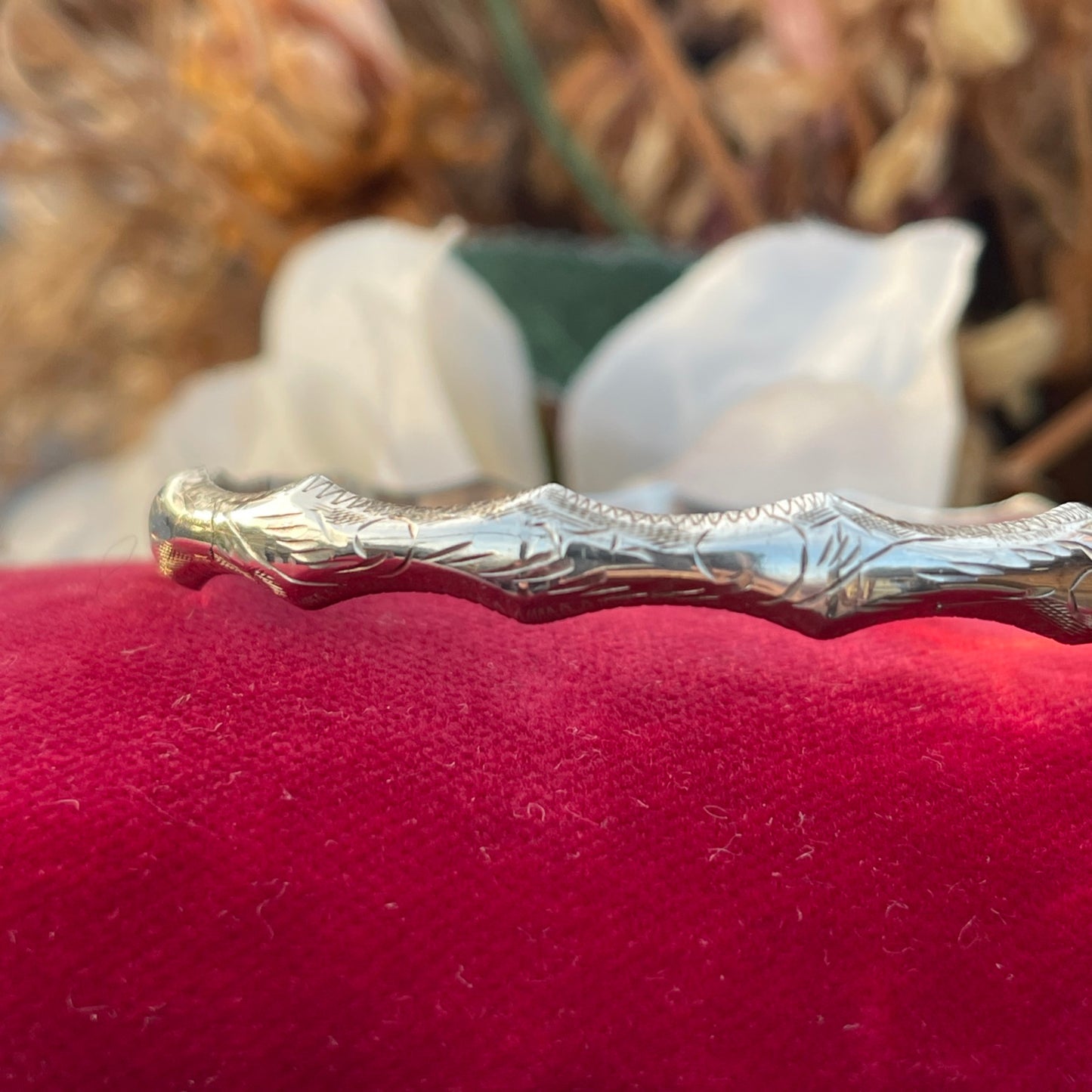 Vintage Sterling Silver Slim Etched Bamboo Bangle Bracelet