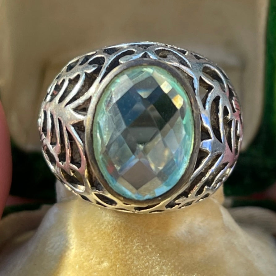 Vintage Sterling Silver Openwork Chunky Ring Blue Stone P-Q Heavy 8.7g