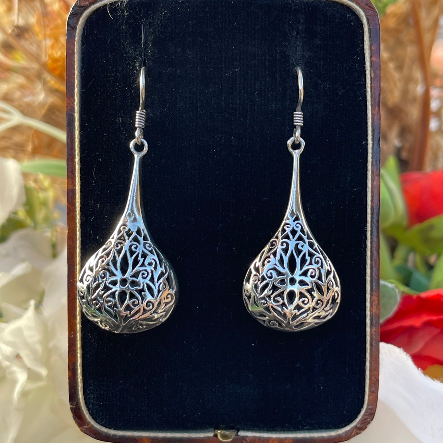 Vintage Sterling Large Open work Filigree Tear Drop Dropper Earrings