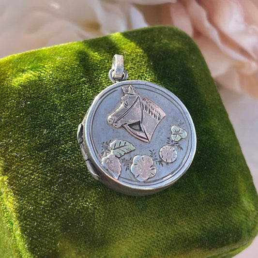 Antique Victorian 1892 Sterling Silver Equestrian Yellow & Rose Gold Floral Circular Locket