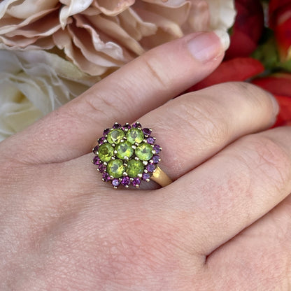 9ct Gold Peridot And Amethyst Cluster Flower Ring Yellow Gold R 3.5g