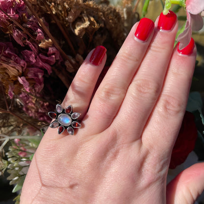Sterling Silver Moonstone Amethyst Garnet Crystal Flower Ring M
