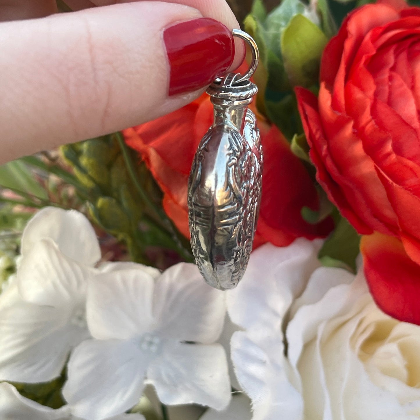 Vintage Sterling Silver Filigree Heart Perfume Repoussé chatelaine Bottle Pendant
