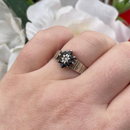 Vintage Sterling Silver Diamond & Sapphire Flower Cluster Ring 925 O