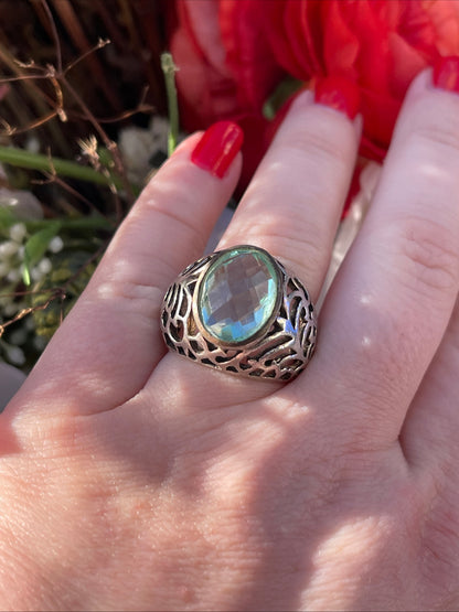 Vintage Sterling Silver Openwork Chunky Ring Blue Stone P-Q Heavy 8.7g