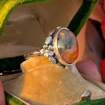 Vintage Sterling Silver Fish Moss Agate Ring Bernard Instone Arts Crafts 1910 L