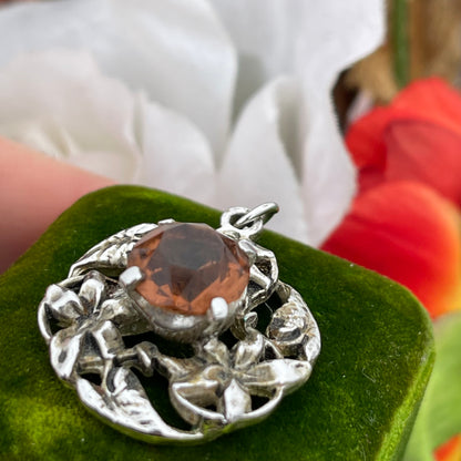 Vintage Art Nouveau Style Silver Tone Citrine Orange Glass Pendant