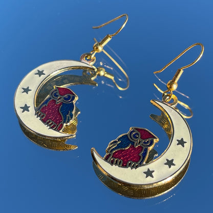 Vintage Cloisonné Moon Owl Earrings