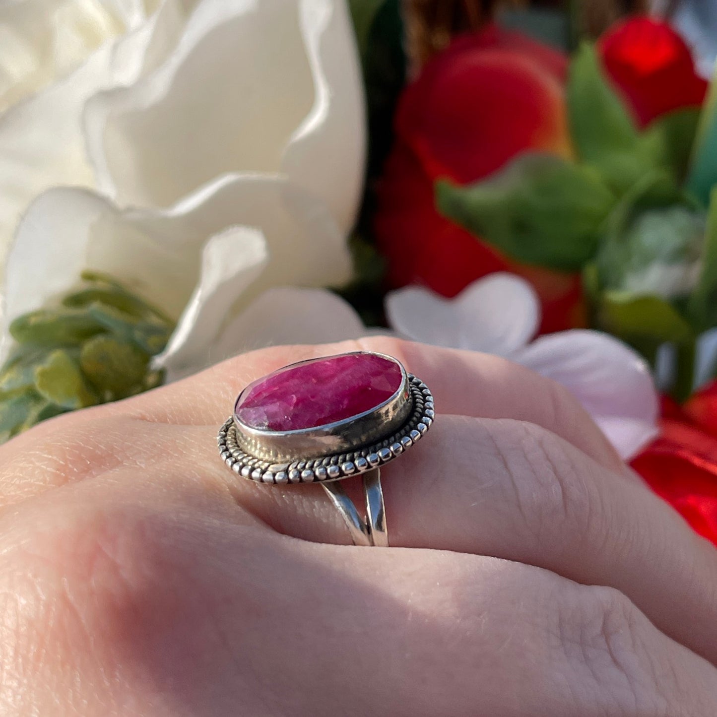 Vintage Sterling Silver Ruby Pink Statement Ring Q