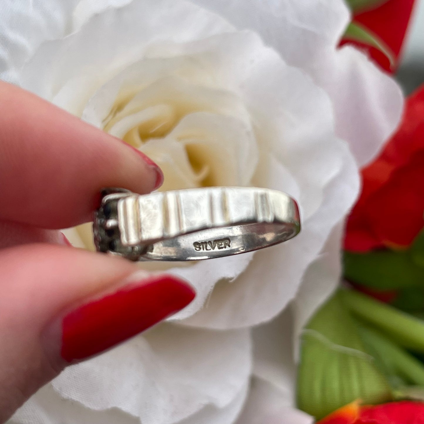 Vintage Sterling Silver Diamond & Sapphire Flower Cluster Ring 925 O