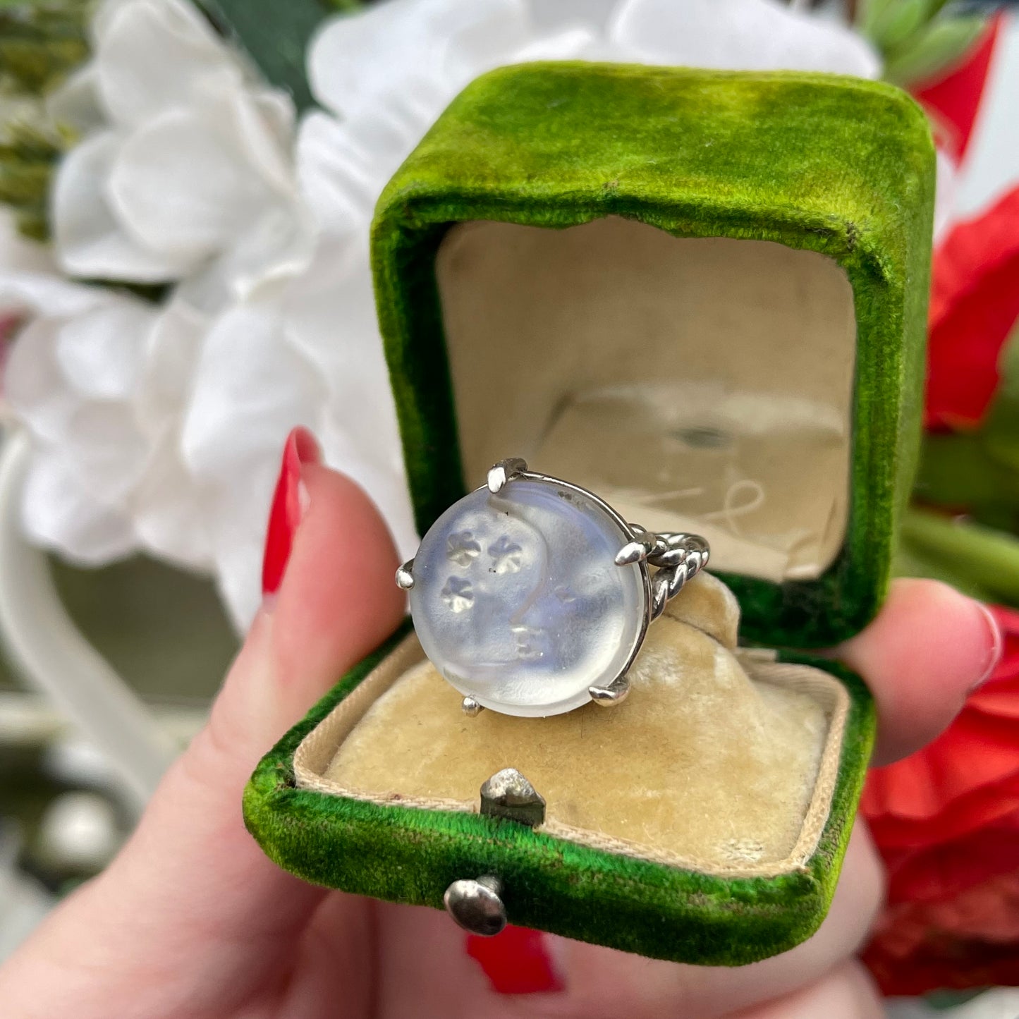 Sterling Silver Iridescent Moon & Stars Ring Vintage Celestial Style Q