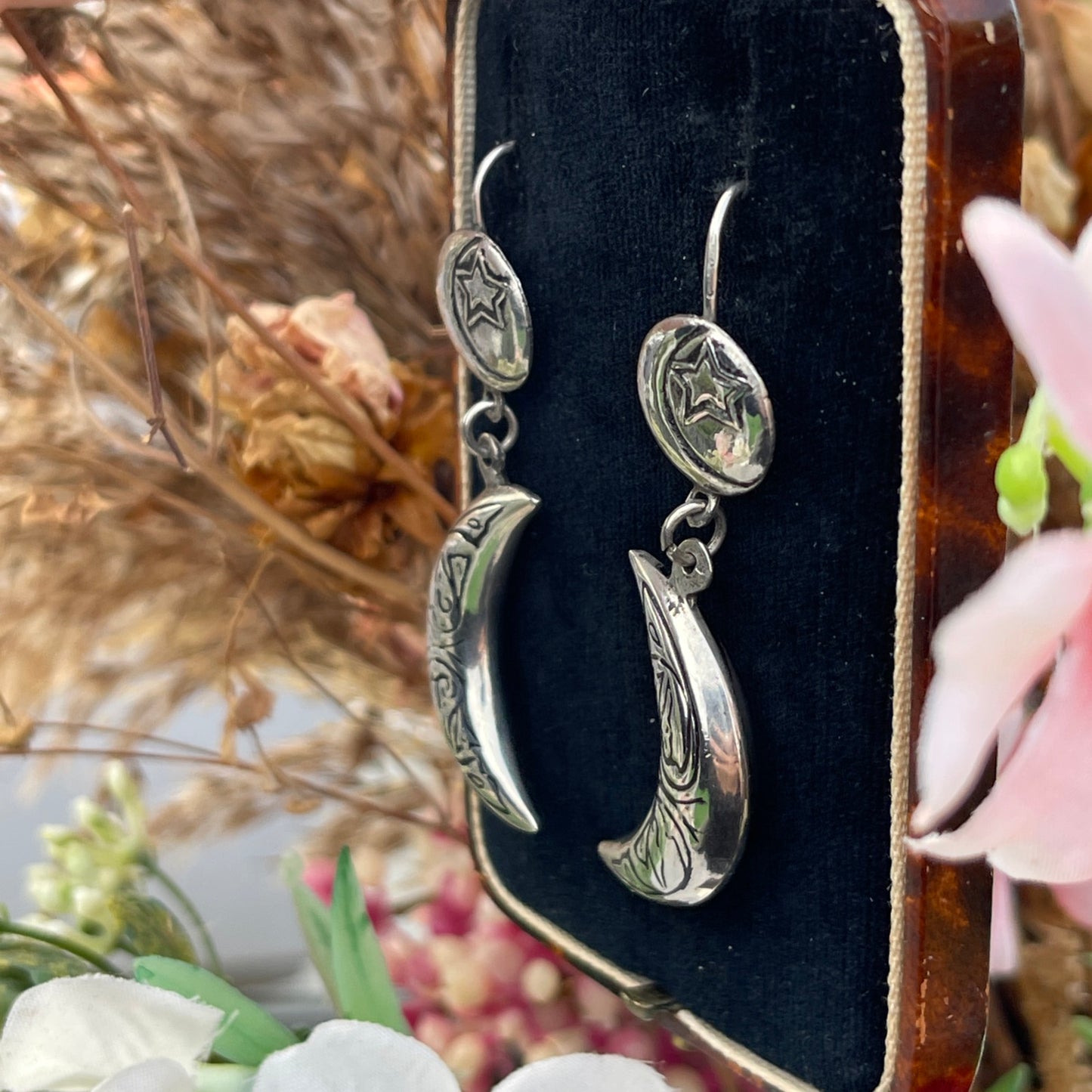 Vintage Silver Crescent Moon & Star earrings