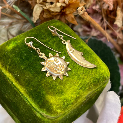 Vintage 9ct Gold Sun Moon Celestial Earrings