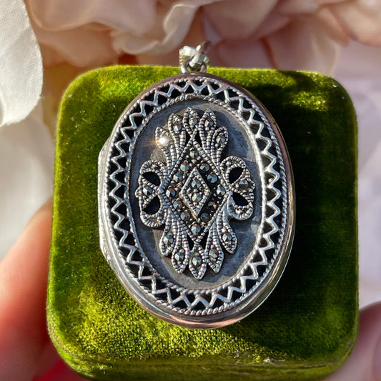 Vintage Sterling Silver Mid Century Victorian Revival Oval Marcasite Locket