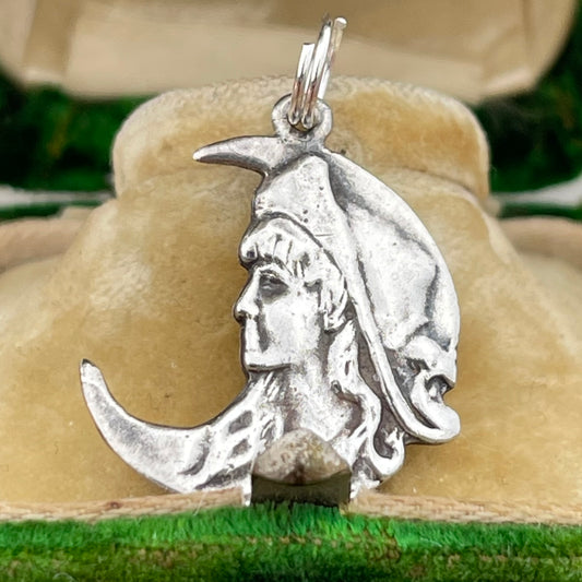 Vintage Sterling Silver Maiden In The Moon Charm