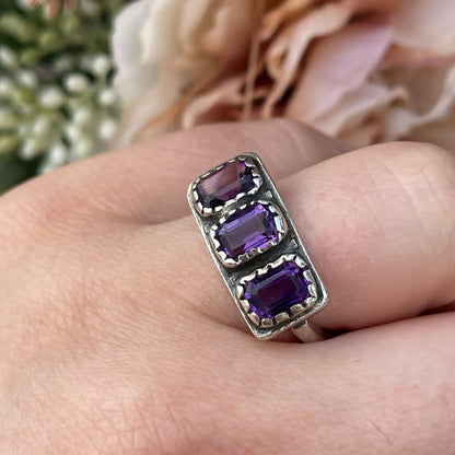 Unreleased: Antique Sterling Silver Triple Rectangular Stone Amethyst Ring P
