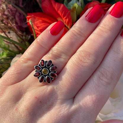 Vintage Sterling Silver Garnet And Citrine Flower Ring Indian P