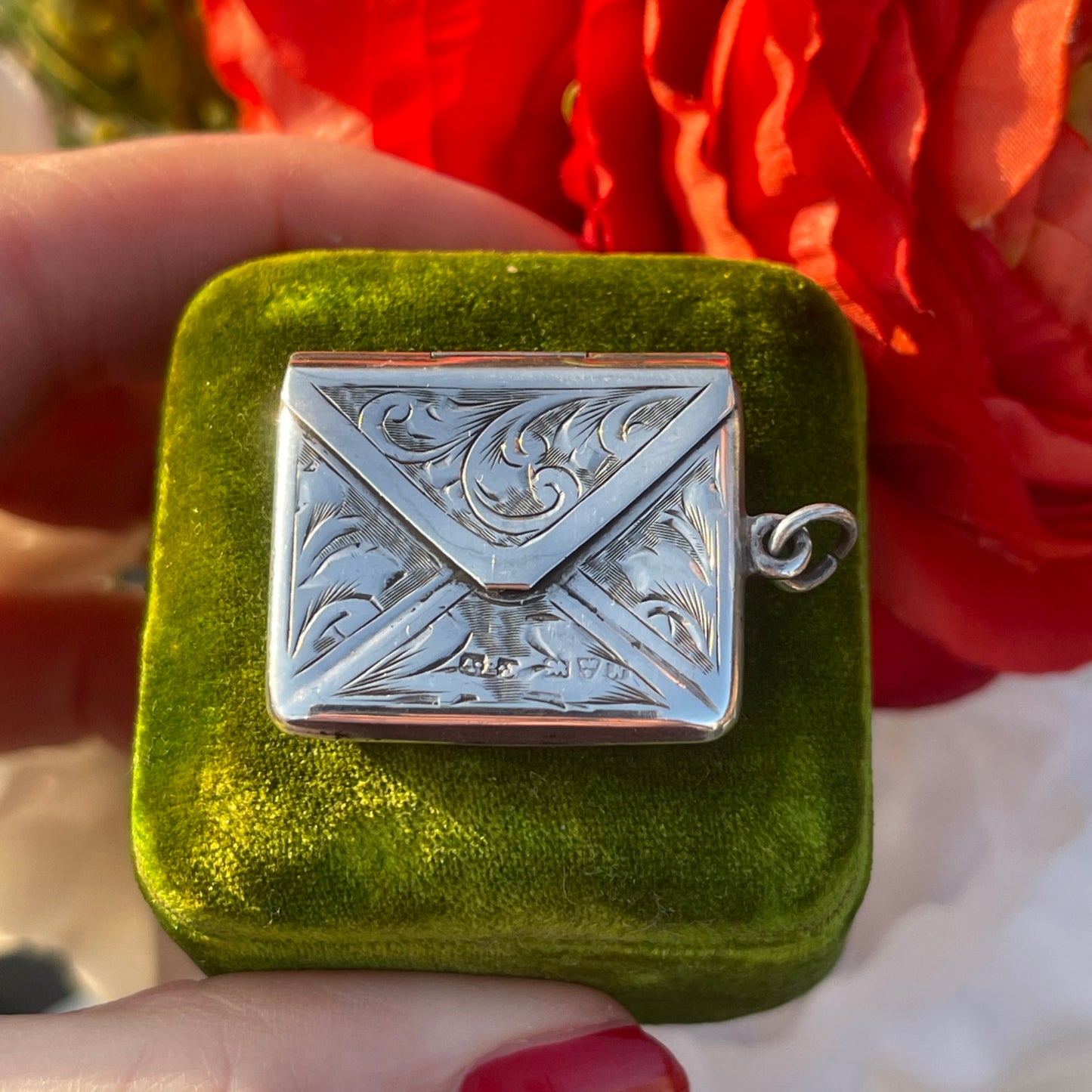 Antique Edwardian Sterling Silver Sweetheart Envelope Charm Pendant Locket 1913