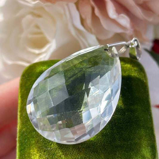 Unreleased: Antique Sterling Silver Art Deco Large Rock Crystal Teardrop Pendant Necklace