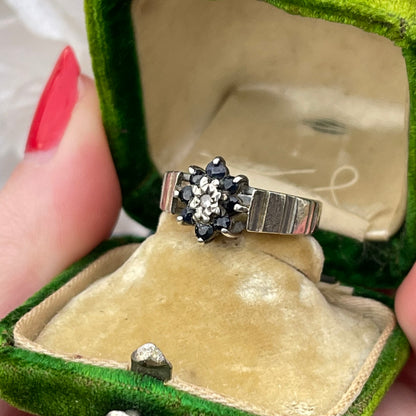 Vintage Sterling Silver Diamond & Sapphire Flower Cluster Ring 925 O