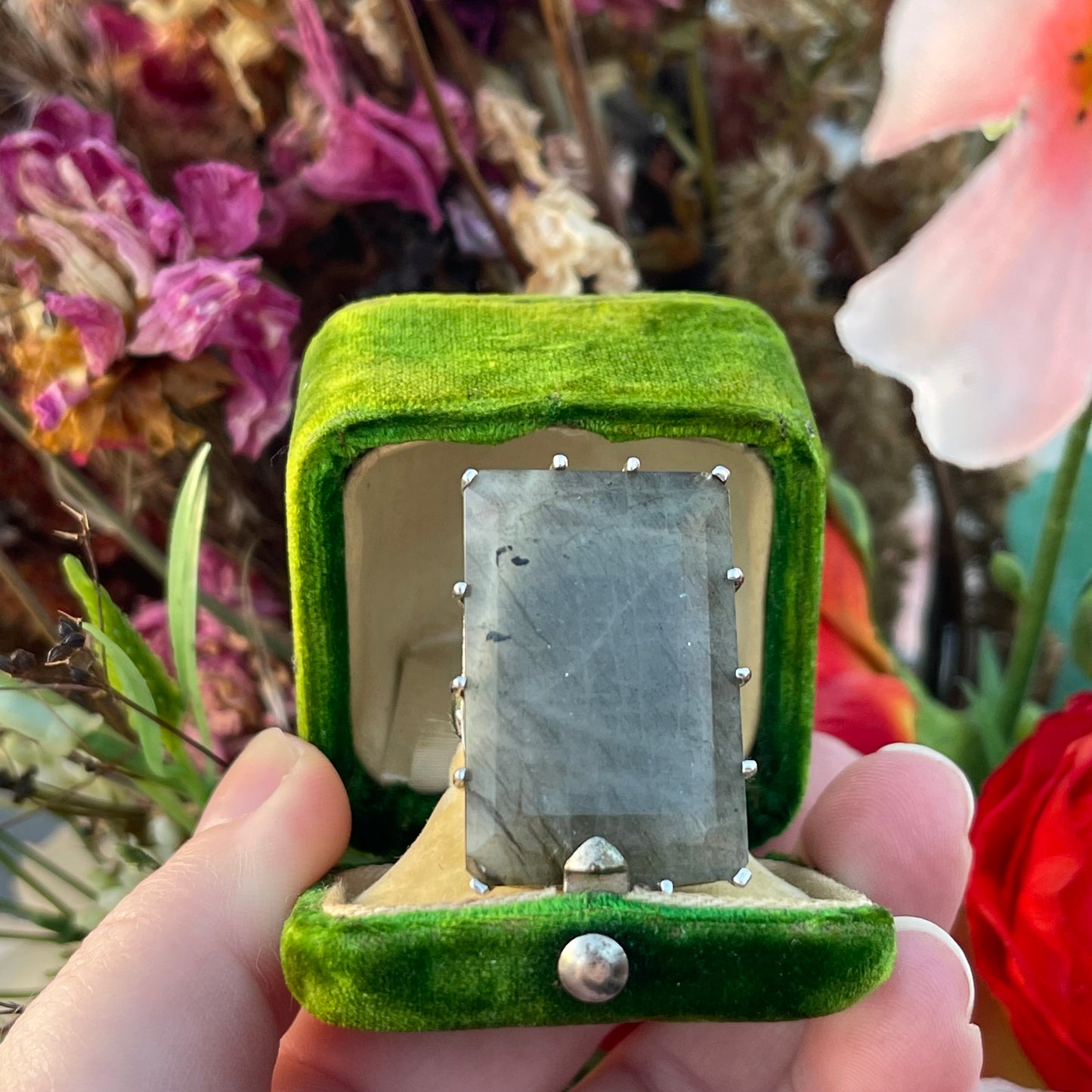 Vintage Sterling Silver Huge XXL Labradorite Ring Rectangular O-P