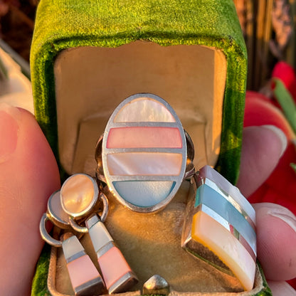 Vintage Sterling Silver Mother Of Pearl Quad Tone Ring Earrings Pendant Set