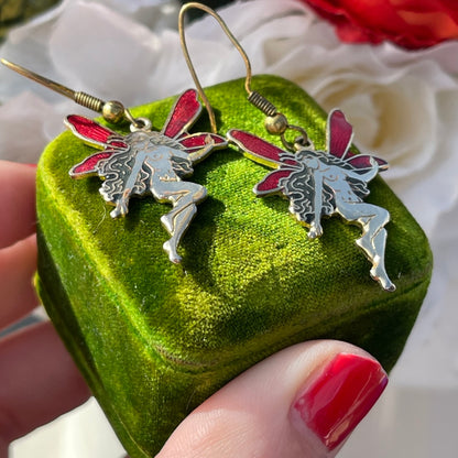 Vintage Cloisonné Enamel Red Gold Fairy Earrings