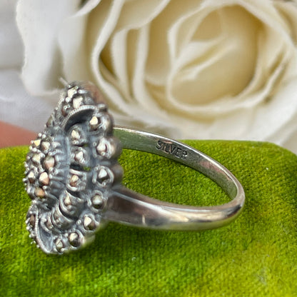 Unreleased: Art Deco Sterling Silver Marcasite Oval Flower Ring O