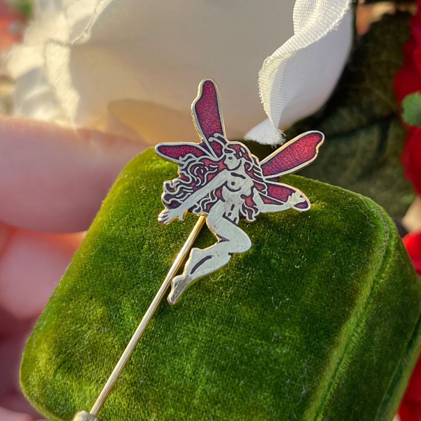 Vintage Gold Plated Cloisonné Fairy Enamel Brooch Whimsical Stick Pin Badge