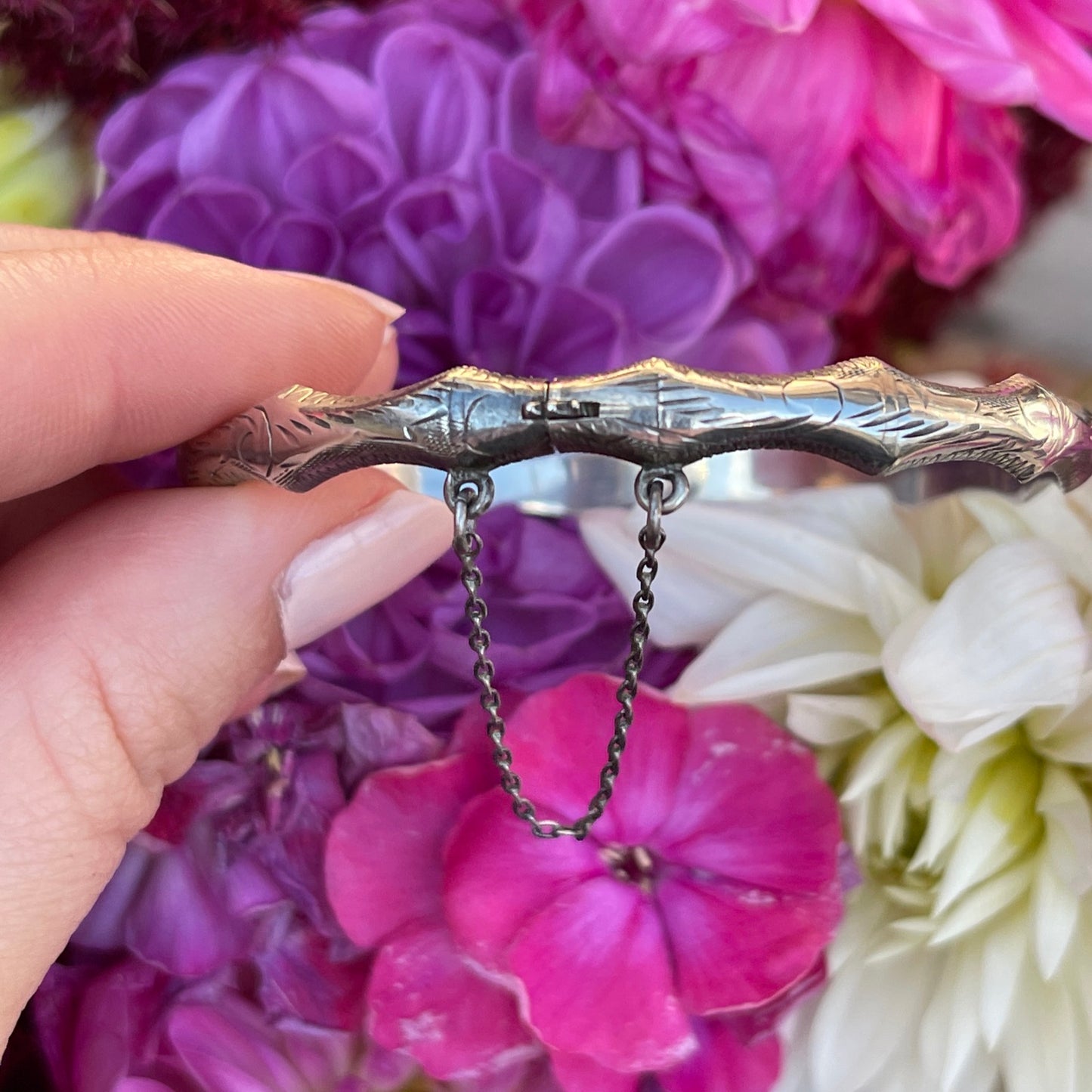 Vintage Sterling Silver Slim Etched Bamboo Bangle Bracelet