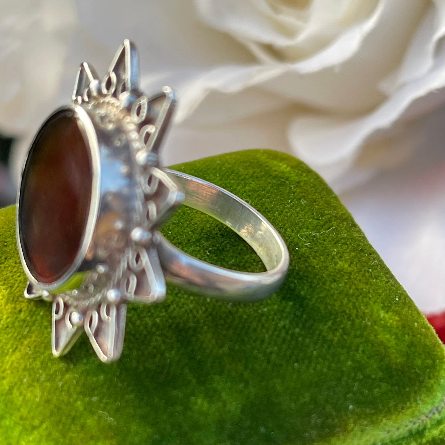 Vintage Sterling Silver 90s Indian Sun Burgundy Ring M 6.4g