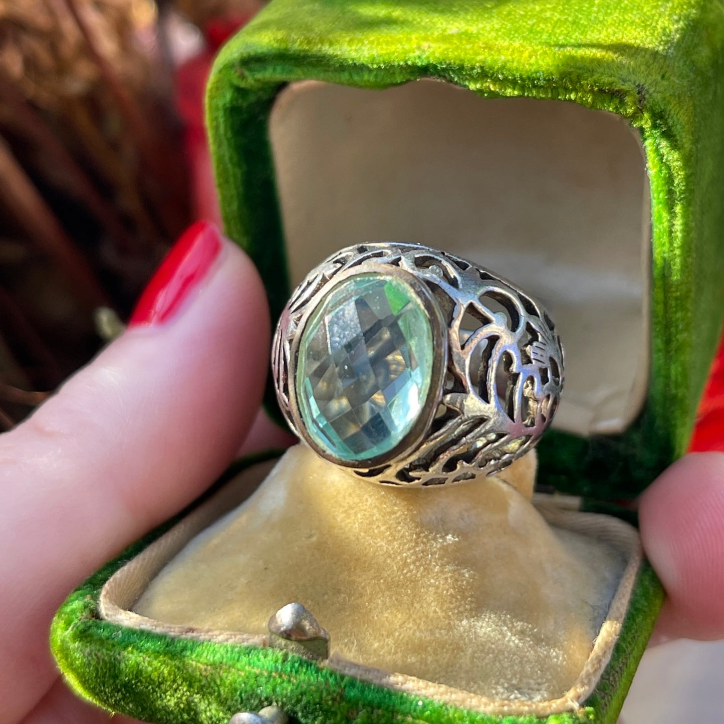 Vintage Sterling Silver Openwork Chunky Ring Blue Stone P-Q Heavy 8.7g