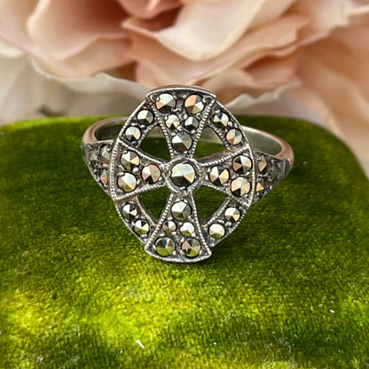 Art Deco Sterling Silver Celtic Cross Marcasite Ring P