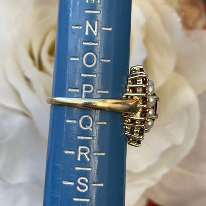 Vintage 9ct Gold Garnet And Pearl Ring Large Cocktail Victorian Revival P-Q 4.5g