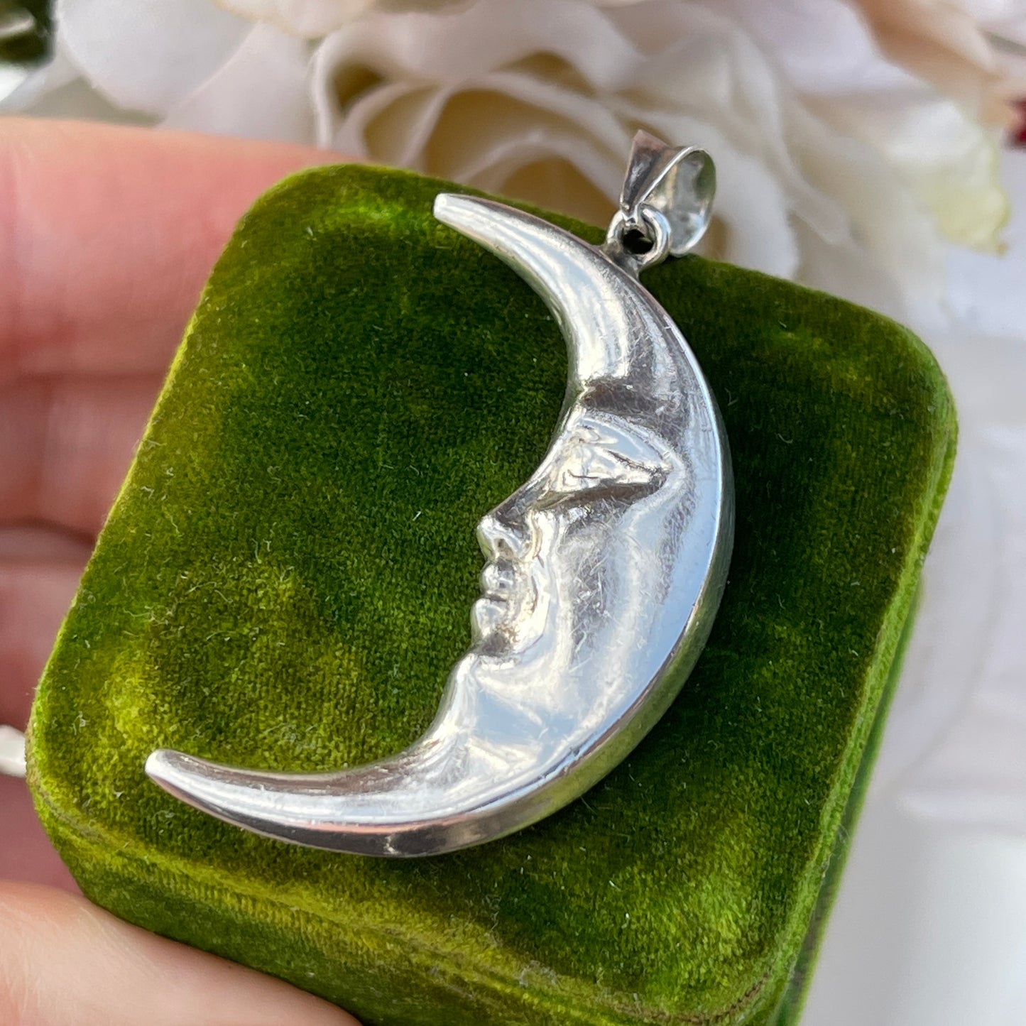 Unreleased: Vintage Large Sterling Silver Crescent Moon Face Pendant