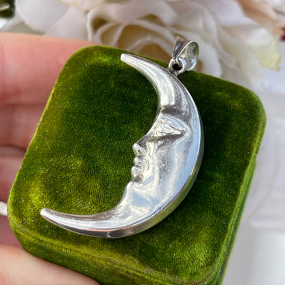 Unreleased: Vintage Large Sterling Silver Crescent Moon Face Pendant