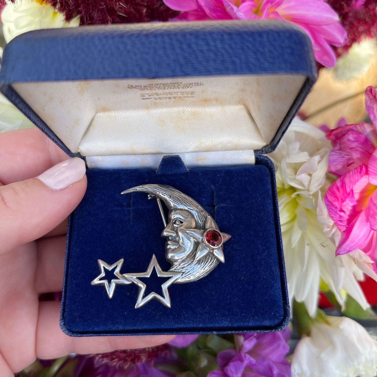 Vintage Sterling Silver Crescent Moon Garnet Brooch