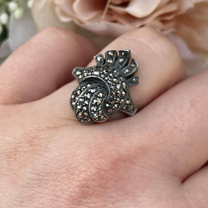 Unreleased: Art Deco Sterling Silver Marcasite Twist Fan Ring M