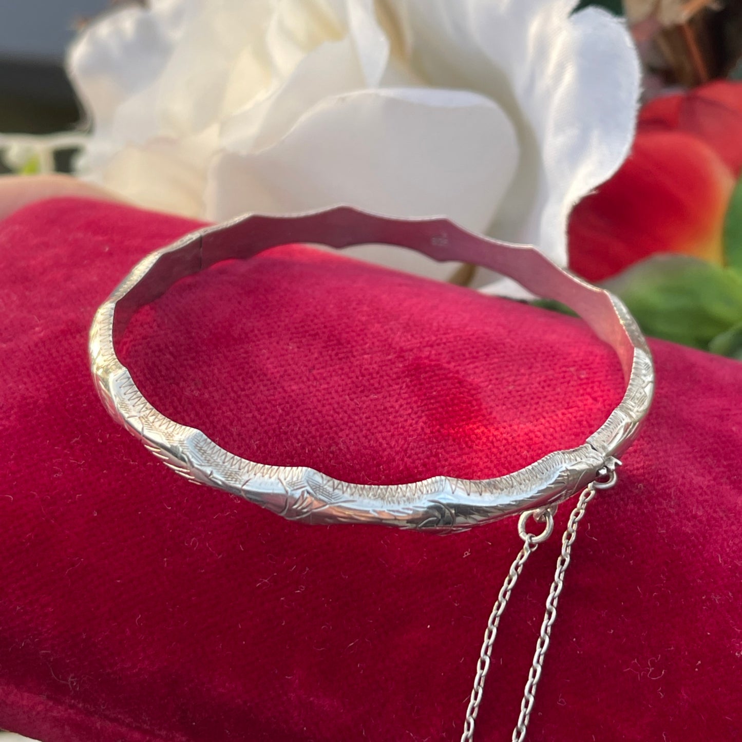 Vintage Sterling Silver Slim Etched Bamboo Bangle Bracelet