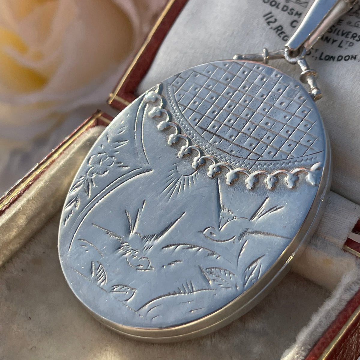 Sterling Silver XL Swallow Floral Engraved Victorian Revival Locket